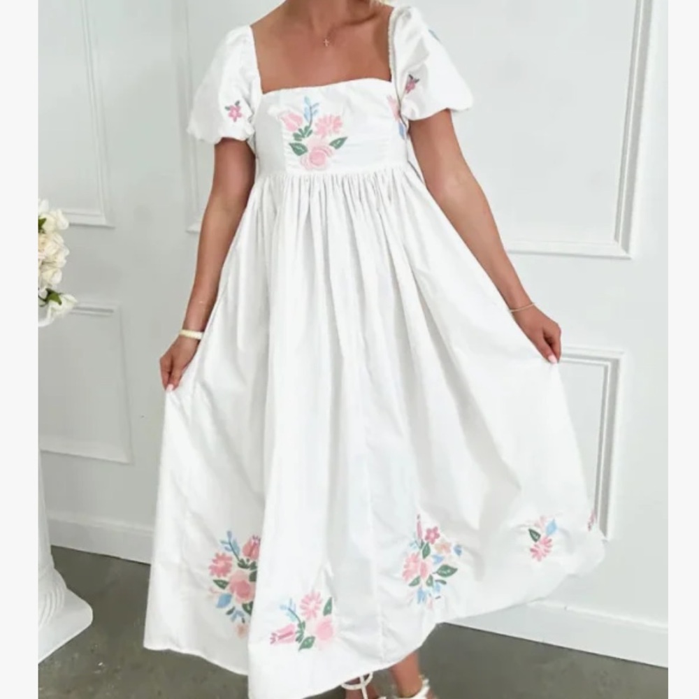 White floral embroidered babydoll midi dress